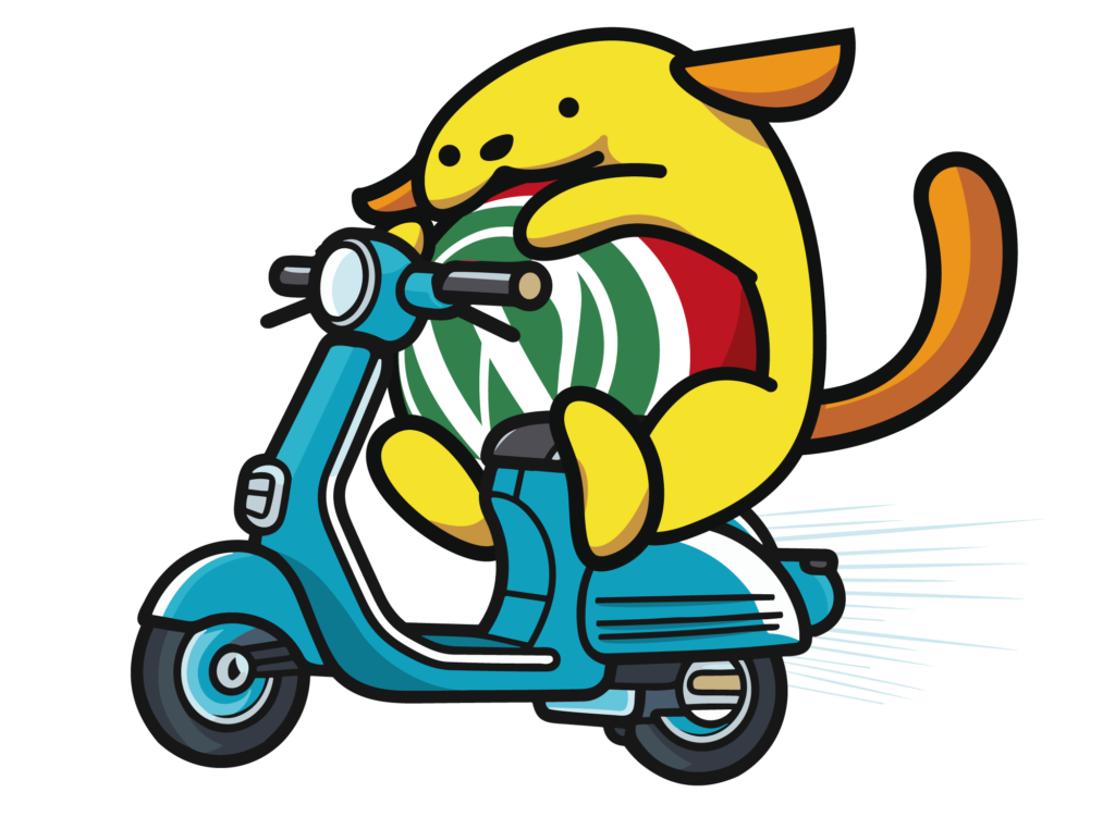 Illustration of a wapuu zooming around on a classic Vespa piaggio.