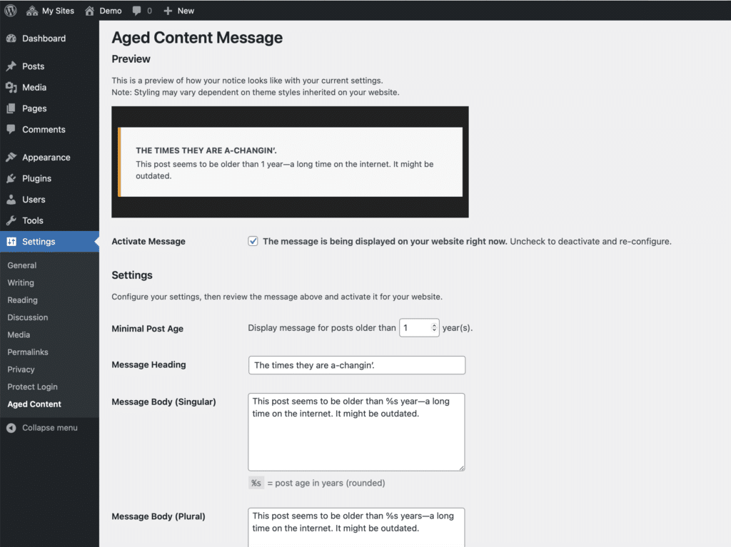 Screenshot of the plugin's settings page. In addition to a preview of the notification box, this page displays settings for the text and the visibility of the notification boxes.