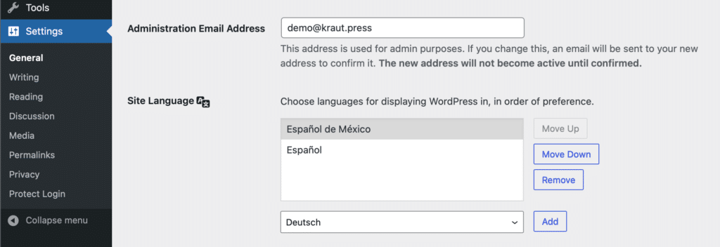 Screenshot of the WordPress settings page. In addition to the usual settings, there's an extra option titled "Site Language."