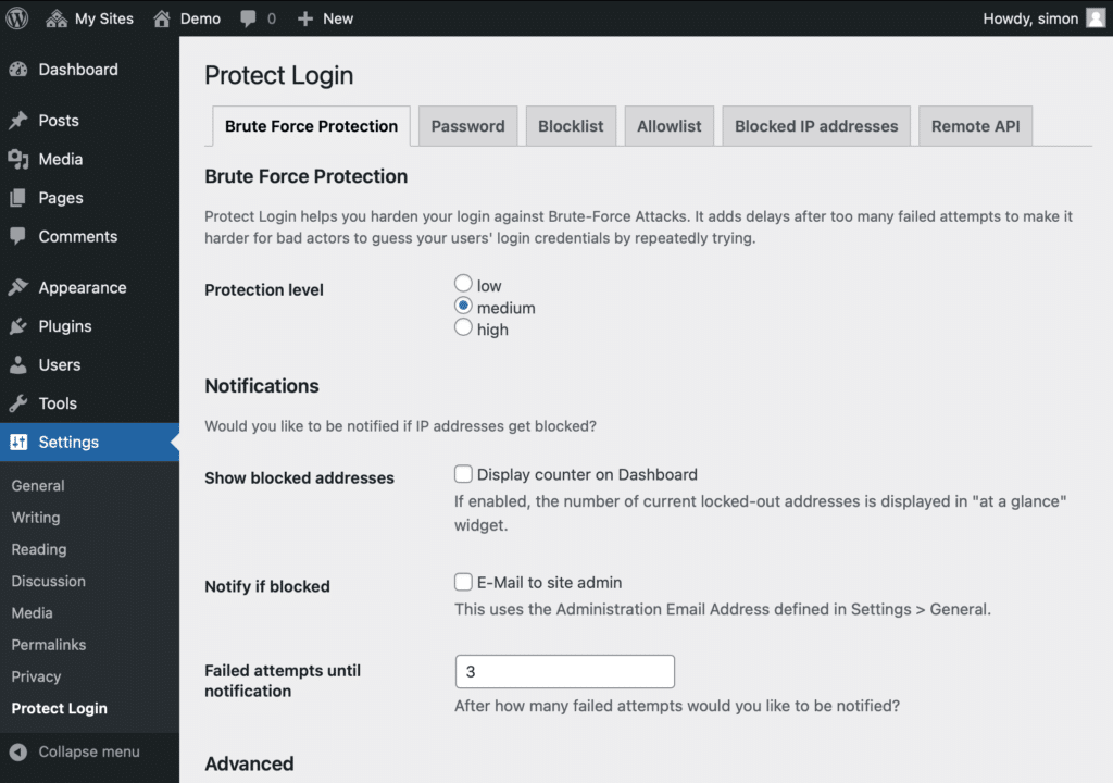 Screenshot of the Protect Login settings page. Options include selecting a security level (low, medium, high) and notification preferences.