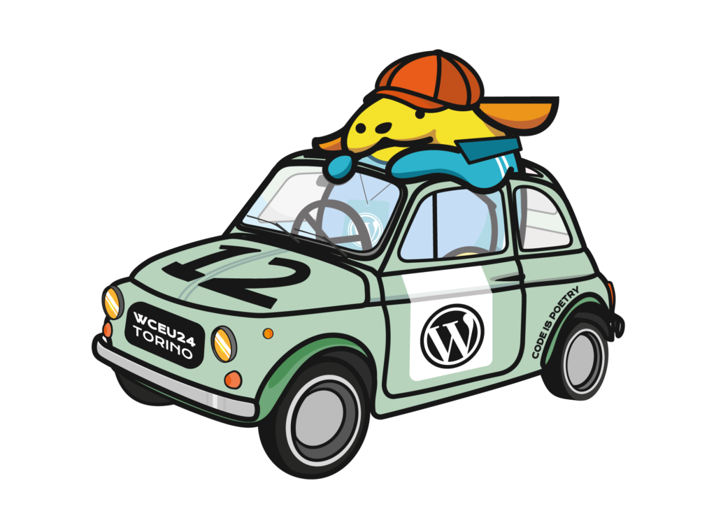 Illustration of a Wapuu peaking out of a classic Fiat Cinquecento.