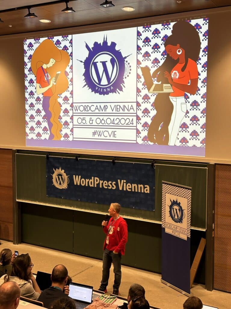 Miguel on stage opening WordCamp Vienna